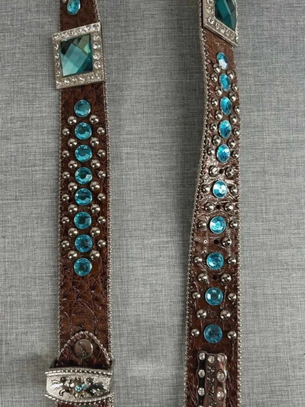 Brown Leather Western Belt with Turquoise Crystals